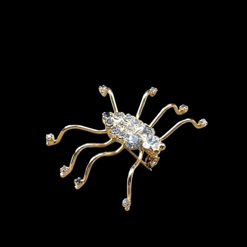 Vintage Spider Brooch Whimsigoth Pin Costume‎ Witch Gold Diamond Rhinestone